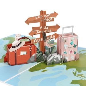 Könnte beinhalten: Eine Pop-up-Karte mit einem braunen Koffer, einem Hut und einem hölzernen Wegweiser mit Pfeilen, die auf verschiedene Kontinente zeigen: Europa, Afrika, Asien, Amerika und Australien. Die Karte ist vor einem blauen und grünen Weltkartenhintergrund platziert.