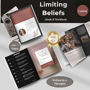 以下が含まれることがあります： サラ・スペクトラム・アーツによる「Breaking Free from Limiting Beliefs: Reclaim Your Power」というタイトルの本の表紙。表紙には花柄のデザインと、金色の円の中に「MRR PLR」という文字が書かれている。本を開くと、「制限的な信念の理解」や「力強い信念の育成」などの章を含む目次が表示される。