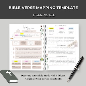 Op de afbeelding: Een Bijbelvers-mapping sjabloon met de tekst "Bible Verse Mapping Template" en "Printable*Editable". Het open notitieboek toont een vers uit Filippenzen 4:6, met trefwoorden en kruisverwijzingen. Een pen en een boek met een kruis zijn ook zichtbaar.