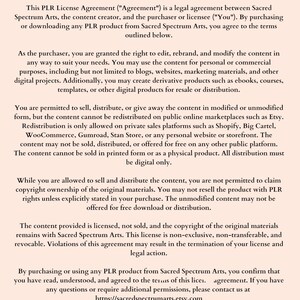 May include: A black and white text document outlining the terms of a Private Label Rights (PLR) licence agreement. The document states that the purchaser is granted the right to edit, rebrand, and modify the content for personal or commercial purposes. The document also states that the content cannot be redistributed on public online marketplaces such as Etsy.
