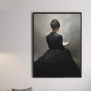 Victorian Woman Reading Portrait Vintage Oil Artwork Classic Farmhouse Decor Woman Book Lover  Art Print Moody Art Print Academia Wall Art