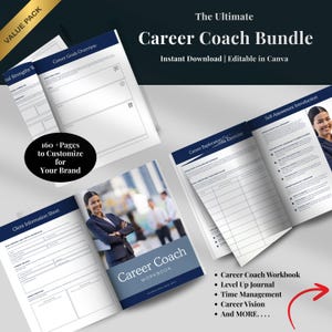 Könnte beinhalten: Ein blaues und weißes Karriere-Coach-Workbook-Paket mit dem Text "The Ultimate Career Coach Bundle" und "Instant Download | Editable in Canva". Das Workbook enthält über 160 Seiten, die Sie für Ihre Marke anpassen können. Das Workbook enthält Abschnitte wie "Career Goals Overview", "Client Information Sheet", "Career Exploration Goals Exercise" und "Self-Assessment Introduction".