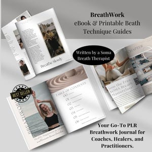 以下が含まれることがあります： 「BreathWork」というタイトルの、開かれた電子書籍と印刷可能なガイドのコレクション。テキストには「Breathe Slowly」と「Table of Contents」が含まれています。ガイドは「eBook & Printable Beath Technique Guides」と「Your Go-To PLR Breathwork Journal for Coaches, Healers, and Practitioners.」と説明されています。