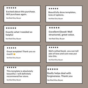 May include: A collection of positive customer reviews for an Etsy shop. The reviews highlight the quality of the products and the seller's customer service. The reviews include phrases like "beautifully done templates", "exactly what I needed", "great template", "well crafted book", and "really helps deal with forgiveness".