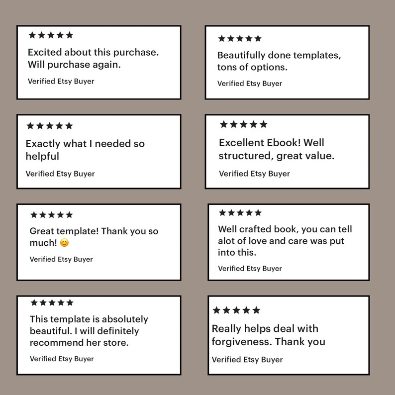 May include: A collection of positive customer reviews for an Etsy shop. The reviews highlight the quality of the products and the seller's customer service. The reviews include phrases like "beautifully done templates", "exactly what I needed", "great template", "well crafted book", and "really helps deal with forgiveness".