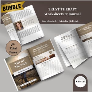 Puede incluir: Un paquete de hojas de trabajo y páginas de diario imprimibles sobre terapia de confianza. La portada presenta a una pareja caminando por la playa con el texto "Trust Therapy: Healing Connections". El paquete incluye más de 78 páginas de hojas de trabajo y actividades para ayudar a desarrollar la confianza y la confianza en sí mismo.