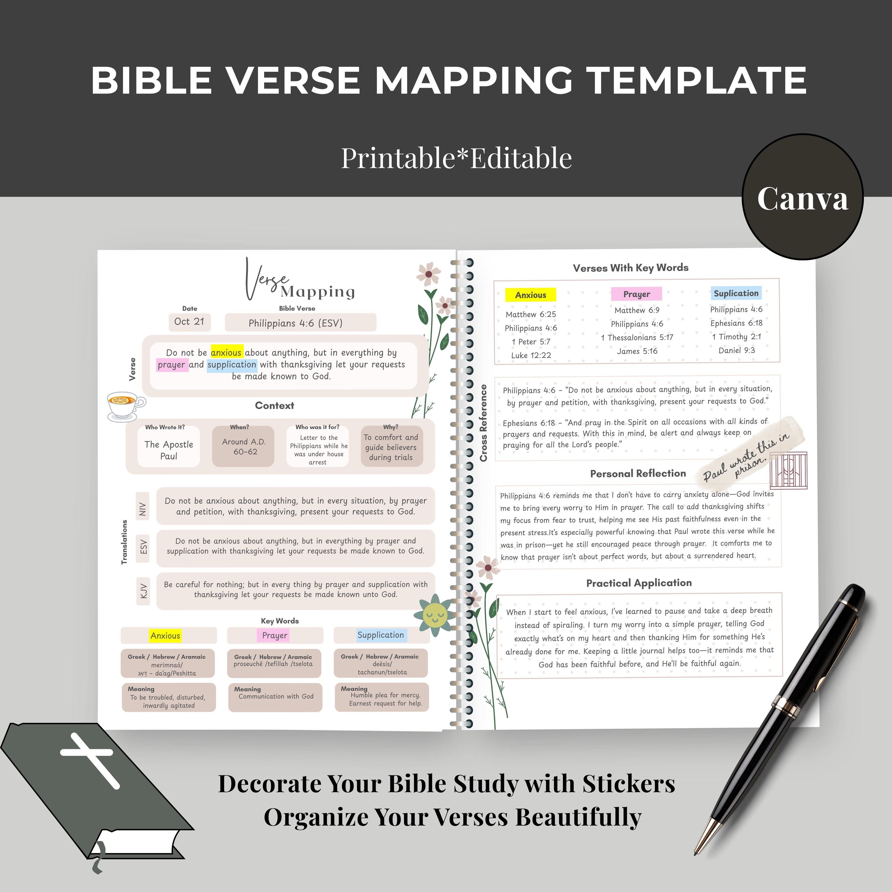Bible Verse Mapping Template: Printable Scripture Study (canva Editable ...