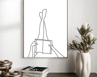 Woman Reading Line Art Print: Minimalist Book Lover Decor (Digital Download)