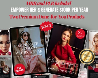 May include: Two digital product covers with a red and white color scheme. The first cover features a woman in a pink dress and the text "Generate $100,000 Within a Year". The second cover features a woman in a red dress and the text "Empower Her Mindset for Success".