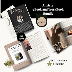 May include: A book cover with the title "Overcoming Anxiety Ebook & Workbook" in brown text on a beige background. The book cover also features a best seller badge and the text "125 Pages". The book is open to a page with the text "Who suffers from anxiety?" and a photo of a person sitting on a rock overlooking a sunset. The book is part of a bundle that includes two bonus templates.