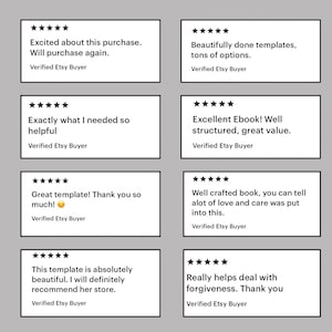 May include: Eight positive reviews for an Etsy shop. The reviews are all five stars and include text praising the products and the seller. The text includes phrases like "beautifully done templates", "exactly what I needed", "great template", "well crafted book", "absolutely beautiful", and "really helps deal with forgiveness".