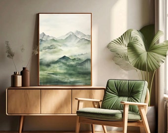 Green Abstract Watercolor Mountain Print: Rustic Office Decor (Digital Download)