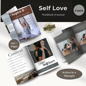 May include: A self-love workbook and journal with over 100 pages. The cover features a photo of two people hugging and the text "Find Self-Love, A Therapist Guide". The book is labeled as a "Best Seller".