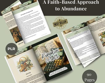 May include: A 21-day devotional for Christian entrepreneurs titled "Kingdom Wealth" with a calculator and a Bible open to the book of Matthew. The devotional is described as a faith-based approach to abundance and includes a prayer section.