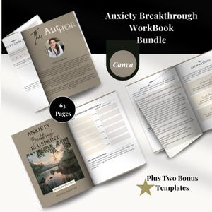 May include: A set of three workbooks with a brown cover and white text. The workbooks are titled "The Author", "Anxiety Breakthrough Blueprint", and "Affirmations". The workbooks are part of an Anxiety Breakthrough Workbook Bundle. The bundle also includes two bonus templates. The workbooks are designed to help people overcome anxiety.