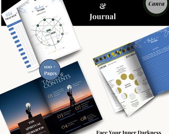 May include: A blue and white spiritual workbook and journal with the title "The Spiritual Workbook: A Journey to Spiritual Enlightenment" and the text "Face Your Inner Darkness Find Your Inner Light". The journal includes sections for shadow work, meditation, gratitude, mindfulness, astrology, and self-love reflection.