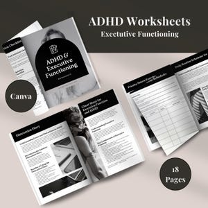 Könnte beinhalten: Ein Schwarzweißbild eines Arbeitsbuches mit dem Titel "ADHD Worksheets: Executive Functioning". Das Arbeitsbuch enthält 18 Seiten mit Arbeitsblättern und Aktivitäten, um Menschen mit ADHS bei der Verbesserung ihrer exekutiven Funktionen zu helfen.