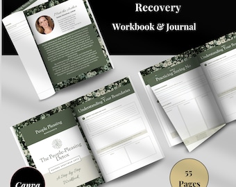 May include: A workbook and journal titled "People Pleasing Recovery" with a floral design on the cover. The workbook is open to a page titled "Understanding Your Boundaries" and the journal is open to a page titled "Practicing Saying No". The workbook and journal have 55 pages.