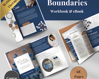 May include: A blue and brown workbook and ebook titled "Boundaries Workbook & eBook" with the text "PLR Boundaries" in a larger font. The workbook is open to a page titled "The Boundary Blueprint" and the ebook is open to a page titled "Boundaries".