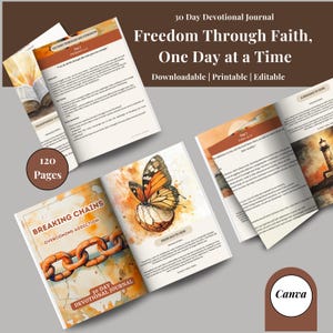 Puede incluir: Un diario devocional de 30 días titulado "Libertad a través de la fe, un día a la vez" con una ilustración de mariposa acuarela en la portada. El diario es descargable, imprimible y editable. Incluye 120 páginas y se centra en superar la adicción.