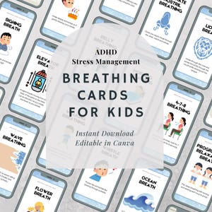Op de afbeelding: Een set printbare ademhalingkaarten voor kinderen met de titel "ADHD Stress Management Ademhalingkaarten voor Kinderen". De kaarten bevatten kleurrijke illustraties en instructies voor verschillende ademhalingsoefeningen, zoals "Buikademhaling", "Lift Ademhaling", "Golf Ademhaling", "Oceaanademhaling" en "Fluit Ademhaling".