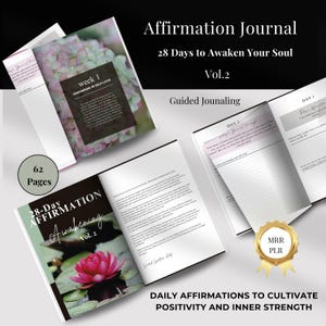 Könnte beinhalten: Ein 62-seitiges Journal mit einem rosa-weißen Blumendesign auf dem Cover. Das Journal trägt den Titel "28-Day Affirmation Awakening Vol. 2" und enthält den Text "Affirmation Journal 28 Days to Awaken Your Soul Vol. 2 Guided Journaling Daily Affirmations to Cultivate Positivity and Inner Strength".