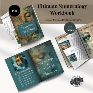 May include: A teal and brown workbook with the title "Ultimate Numerology Workbook" and the subtitle "Instant Download | Editable in Canva". The cover features a woman's face with a mystical background. The workbook includes 70+ pages and covers topics like the foundations of numerology, numbers as integration with other spiritual practices, and transformation and enlightenment.