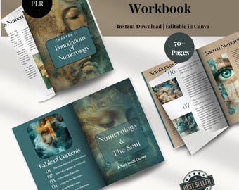 Op de afbeelding: Een teal en bruin werkboek met de titel "Ultimate Numerology Workbook" en de ondertitel "Direct downloaden | Bewerkbaar in Canva". De omslag toont het gezicht van een vrouw met een mystieke achtergrond. Het werkboek bevat meer dan 70 pagina's en behandelt onderwerpen als de basisprincipes van numerologie, getallen als integratie met andere spirituele praktijken en transformatie en verlichting.