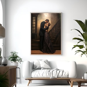 Arte de pared de pareja besándose Impresión digital de pareja victoriana Arte de pared oscuro y melancólico Arte de pared romántico vintage de pareja besándose Regalo de boda gótico Aniversario