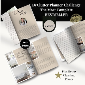 May include: A beige and white book with the title "DeClutter Planner Challenge: The Most Complete Bestseller" and a star with the text "Plus Bonus Cleaning Planner". The book has a photo of a living room on the cover and the text "100+ Pages" on the spine.