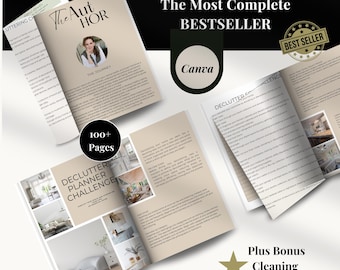 May include: A beige and white book with the title "DeClutter Planner Challenge: The Most Complete Bestseller" and a star with the text "Plus Bonus Cleaning Planner". The book has a photo of a living room on the cover and the text "100+ Pages" on the spine.