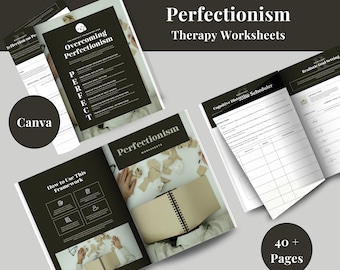 May include: A set of black and white therapy worksheets for overcoming perfectionism. The worksheets include sections titled "Overcoming Perfectionism", "How to Use This Framework", "Perfectionism Worksheets", "Cognitive Distortive Scheduler", and "Realistic Goal Setting". The cover image features a book with crumpled paper on top of it.