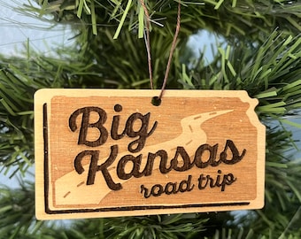 Big Kansas Road Trip Wood Ornament, laser engraved wooden BKRT ornament, Kansas Sampler Foundation, Kansas, KS Travel, Kansas Explorer Gift
