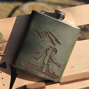 7 oz Flask with Snowboarding | Gift For Him | Mountain Gift | Skiing Sport Gift | Christmas Gift | Leather Flask
