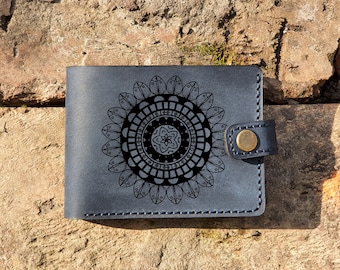 Personalized Unique Sun Leather Wallet, Bifold Leather Slim Wallet, Oriental Embossed Wallet, Mandala Handmade Custom Exclusive Wallet