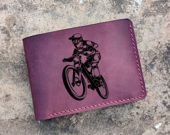Bicycle Anniversary, Bike Mountain Personalized, Travel Sport Groomsmen, Biker Wedding, Monogram Leather Bifold Wallet