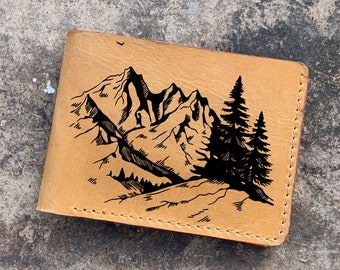Personalized leather handmade wallet, Mountain landscape pattern men gift, Present for him, Xmas men gift idea