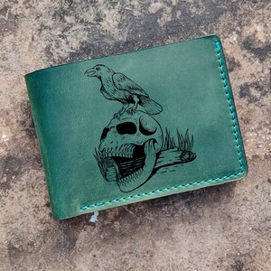 Raven Moon Crânio Poção Pássaro Lado Escuro Abaddon Diabo Demônio Goth Couro Mágico Personalizado Bifold Carteira Clássica