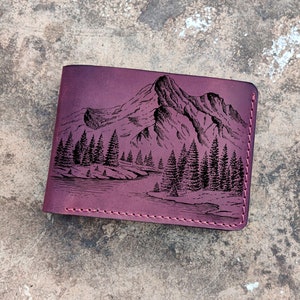 Berg Hügel Wald Kiefer Baum Tanne Welle Fluss See Feld Rand Leder individuell personalisierte Geldbörse Geburtstag Weihnachtsgeschenk