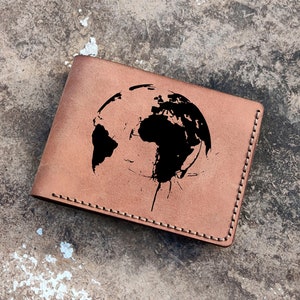 Cartera de cuero hecha a mano mapa del mundo, Regalo de hombre, Regalo de marido, Regalo de novio, Cartera unisex, Cartera del día del padre