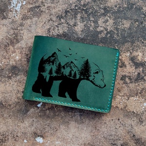 Urso floresta montanha pinheiro abeto pássaro rei polar grizzly animais papai mãe pai noivo carteira de couro personalizada bifold