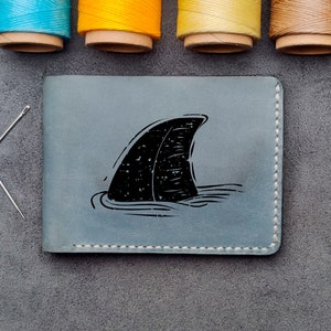 Big White Shark Whale Fish Killer Sea Ocean Whale Rainbow Star Moon Monogram Engraved Leather Bifold Wallet Father Papa Travel Xmas Gift