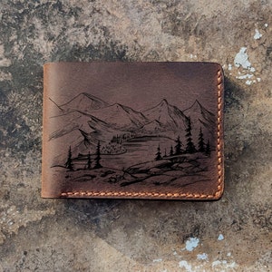 Forest and mountain Gift, Camping wedding, Leather bifold wallet, Custom Personalized wallet, Groom gift