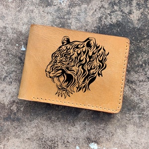 Cartera con cara de tigre, cartera plegable de cuero, regalo para amantes de la vida silvestre, regalo para amantes del tigre, boda inspirada en la naturaleza, cartera con monograma de tigre, regalo de Navidad