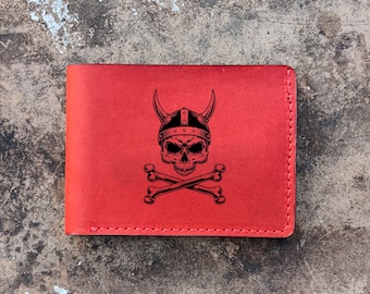 Viking Leather Bifold Wallet, Celtic Personalized Wallet, Norse Slim Wallet, Warrior Skull Groom Gift, Valhalla Custom Wallet