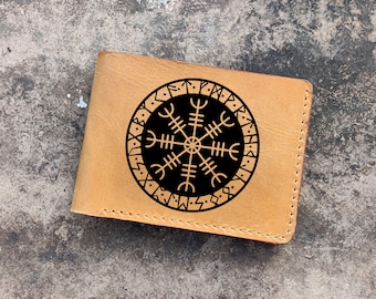 Odin Axe Shield Norse Nordic Viking Icelandic Runes Symbol Pagan Ancient Leather Bifold Wallet Birthday Xmas Best Gift