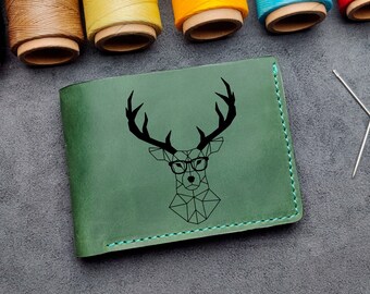 Cerf géométrique avec lunettes, cadeau cerf, cerf personnalisé, portefeuille en cuir pour homme, portefeuille oiseaux, portefeuille en cuir, portefeuille fin, rentrée des classes