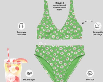 Eco Friendly High Waist Bikini with Daisy Print on Green Recycled Polyester