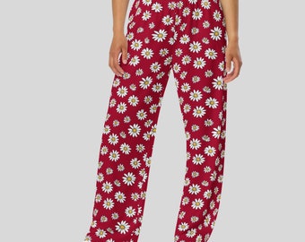 Pantalon d'été rouge avec de jolies marguerites, votre pantalon large confortable