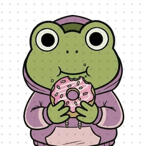 May include: A cartoon frog in a purple hoodie and tracksuit, eating a pink donut. The frog is green with large black eyes. The background is white with small grey dots. The donut has pink icing.